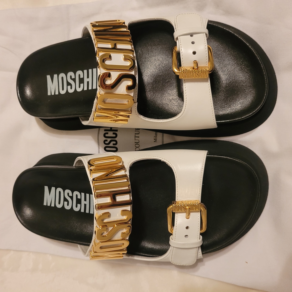 Moschino White and Black Sandals with Gold Accents